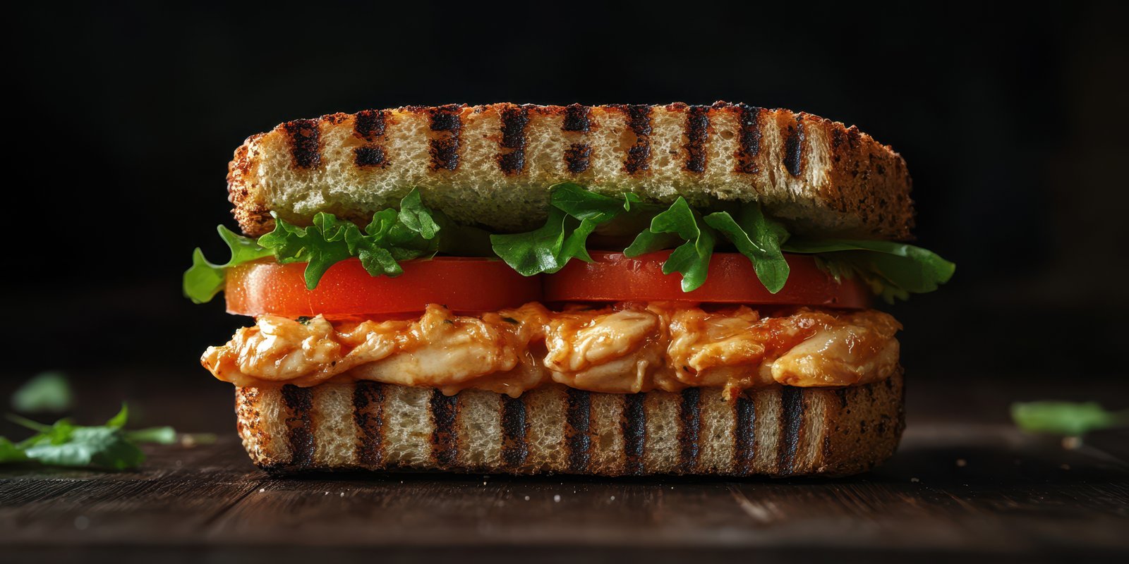 Delicious grilled chicken sandwich with fresh vegetables prepared on a wooden table